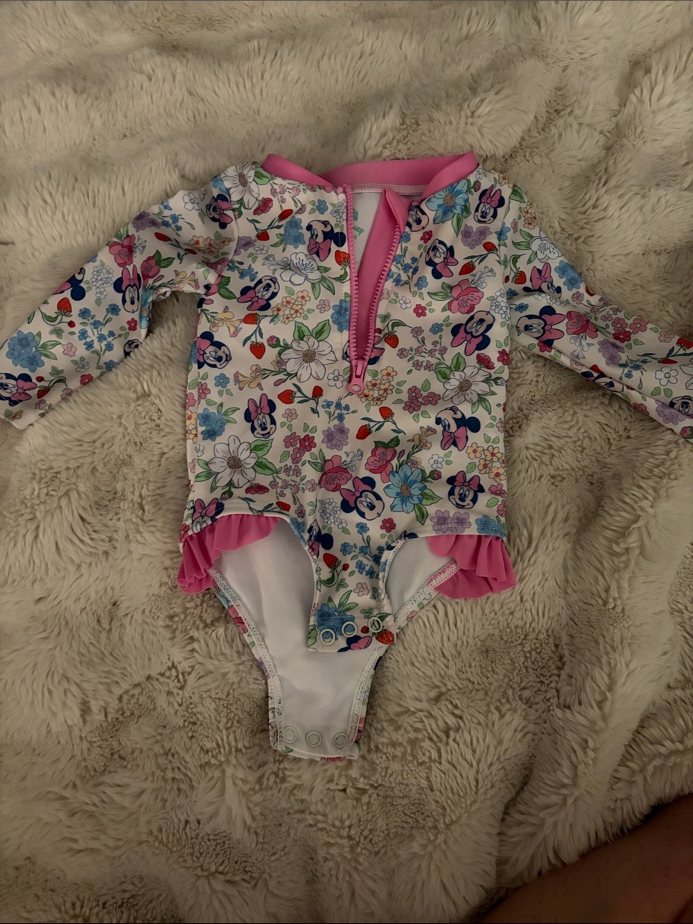 Disney White Floral Minnie Long-Sleeve One-Piece Swimsuit with Pink Trim